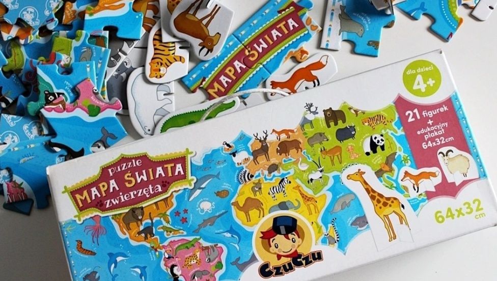 Mapa świata, puzzle układanka - zwierzęta. Wiek  4+