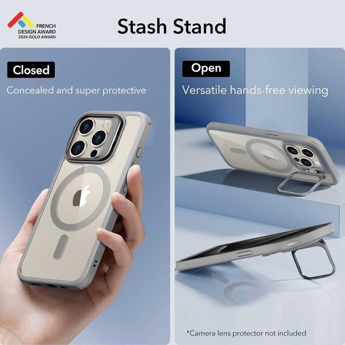 ESR Halolock kickstand etui MagSafe iPhone 15 Pro stojak szara ramka