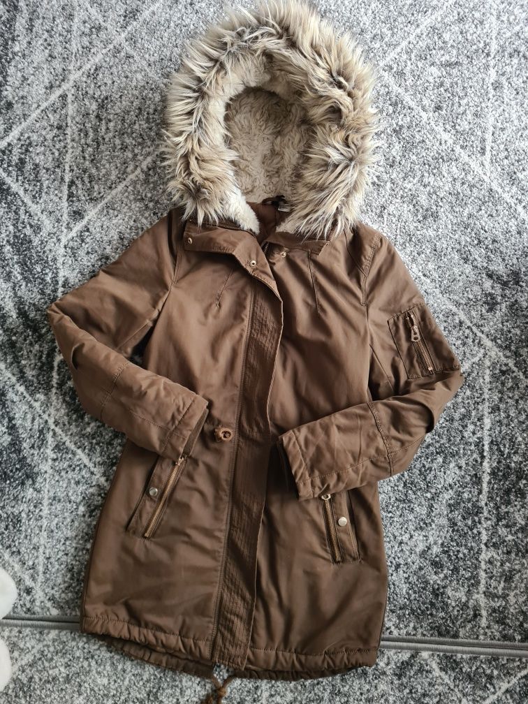 Kurtka zimowa płaszczyk H&M r. 34 XS Khaki parka futerko kaptur