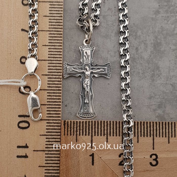 Срібна чоловіча цепочка ланцюжок Бісмарк з хрестиком кулоном 925 проба