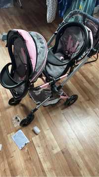 Wózek twins bliźniaczy szary różowy dla lalek spacerowka GRATIS tik to
