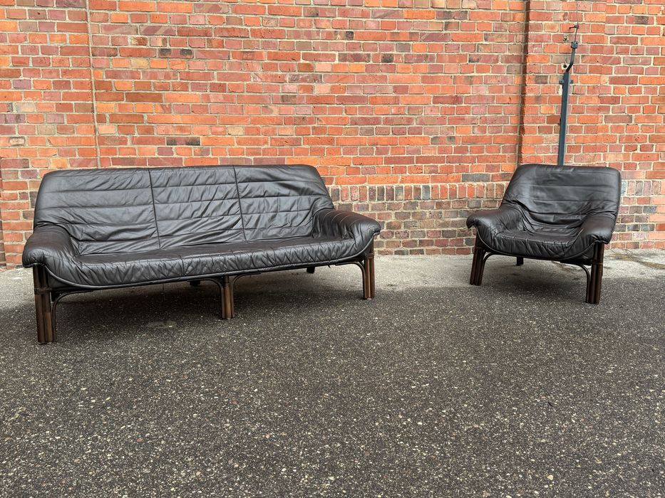 Brutalistyczna skórzana sofa z fotelem,rattanowy stelaż,lata70.vintage