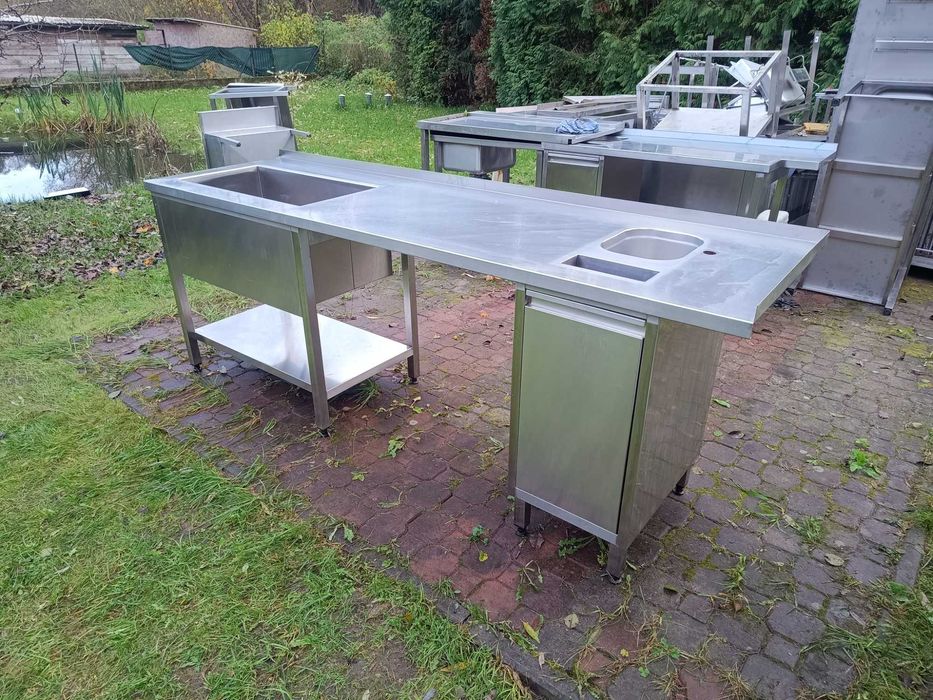 stół roboczy nierdzewny ze zlewami i koszem na odpadki 250cm