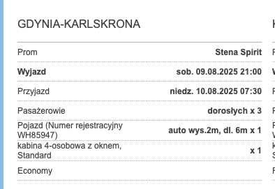 Bilet Prom Gdynia - Karlskoga sam. osob. + 3 osoby kabina 09.08.2025