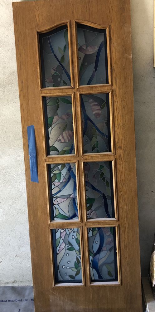 Drzwi drewniane z witrażem, witraż