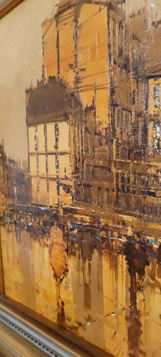 Obraz olejny – paryska ulica w deszczu, piękna rama, 38x45 cm