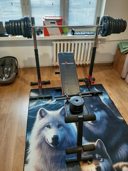 Kompletny zestaw do ćwiczeń – ławka, stojaki, sztanga +ok.80 kg obciąż