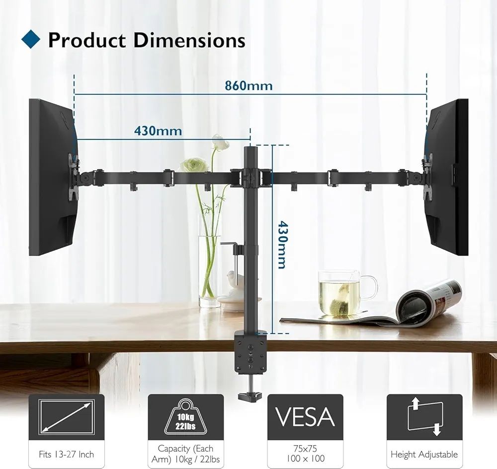 Uchyt na 2 Monitory do Ekranu 13-27 cali, VESA 75x75 mm, 100x100 mm