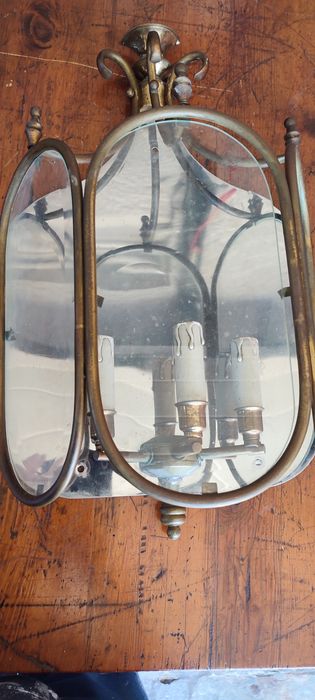 Lustre candeeiro antigo em latão e vidro