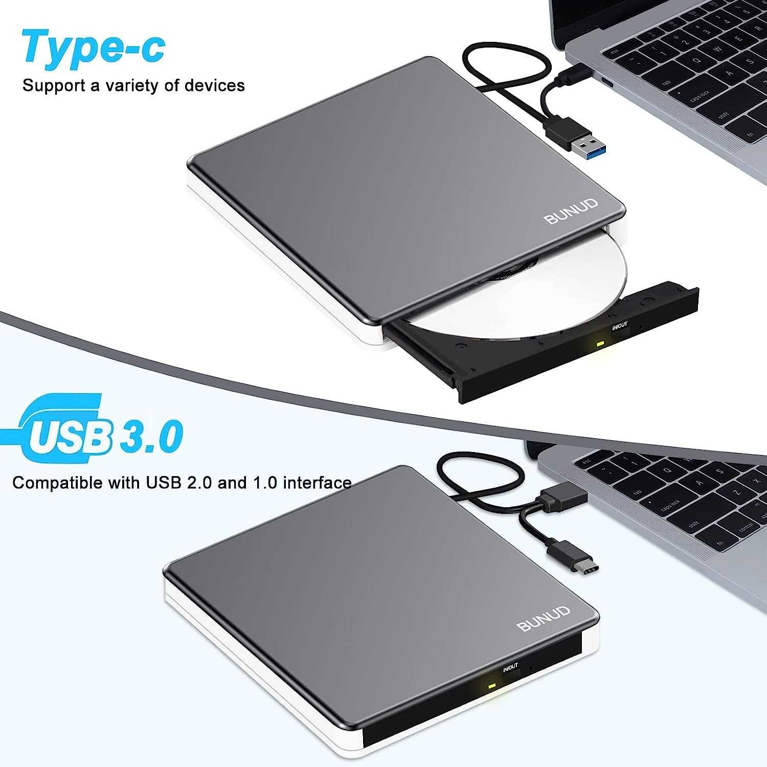 Zewnętrzny napęd CD DVD USB 3.0 typu C Slim BUNUD CT10
