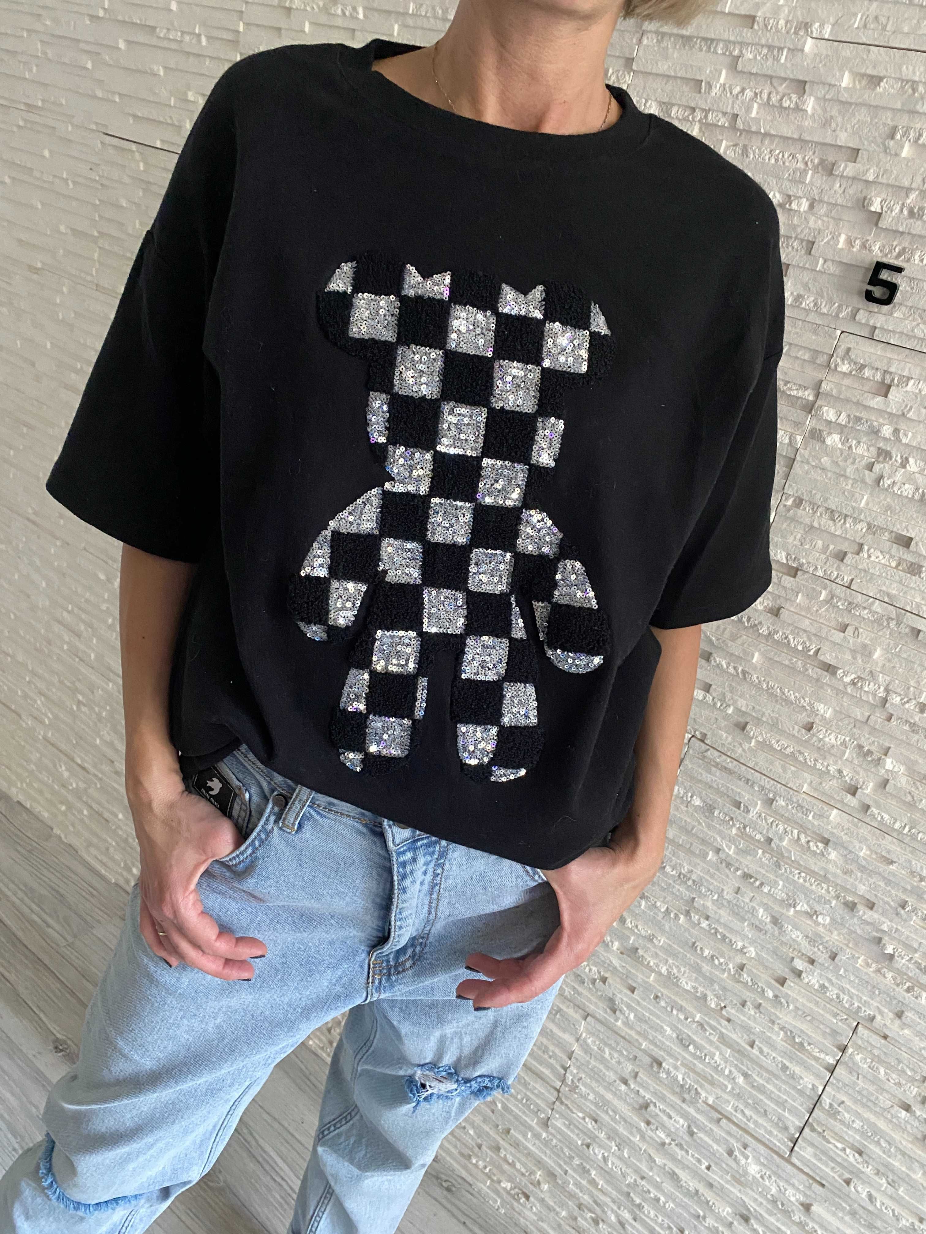 Premium t-shirt z misiem teddy oversize cekiny połyskujący Uni