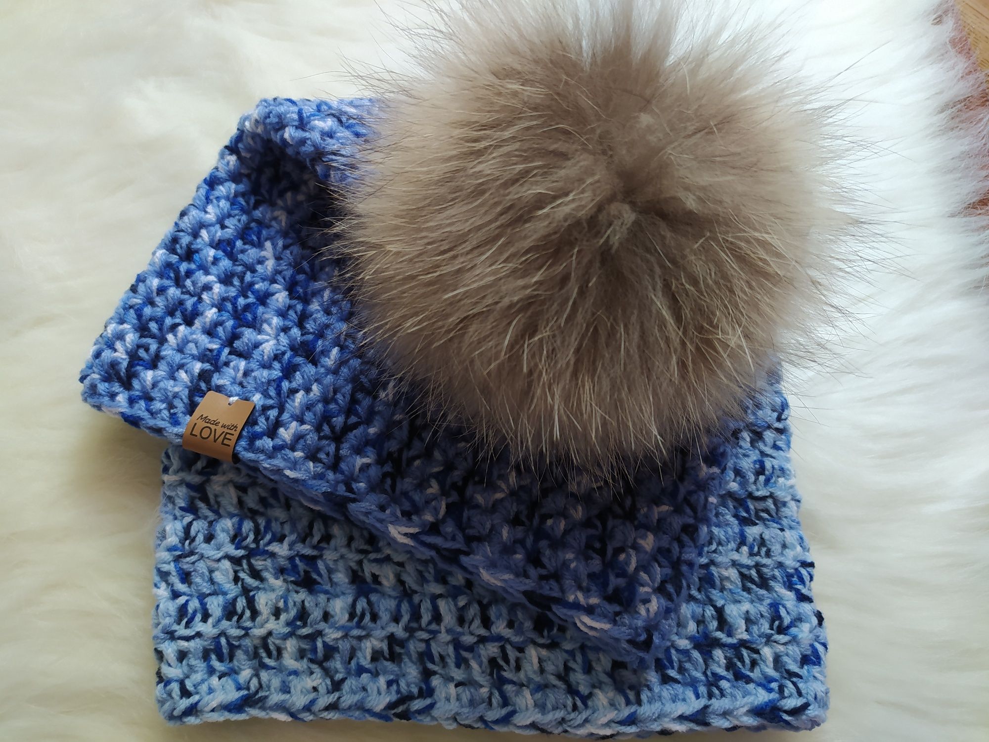 Komplet czapka smerfetka boho z kominem na szydełku Handmade