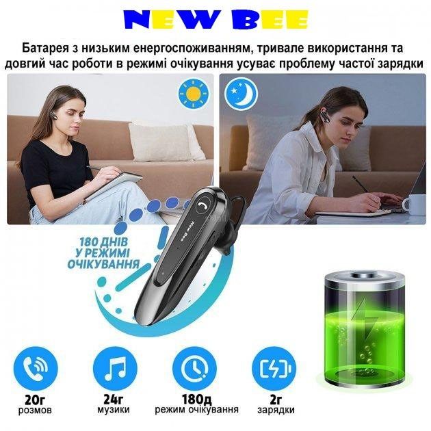 Блютуз Гарнітура  New Bee LC-B45 Black Bluetooth гарнітура