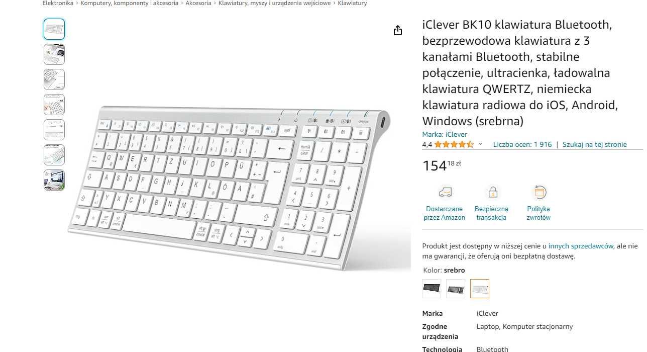 Klawiatura czarna Bluetooth, bezprzewodowa cienka, ładowalna QWERTZ