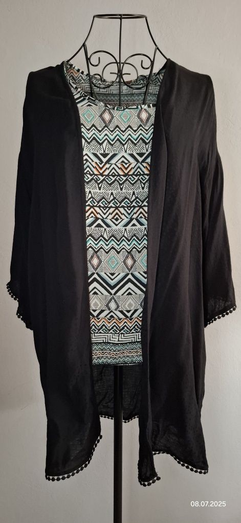 Tunika plażowa pareo kimono sukienka kimono H&M Divided  czarna frędze