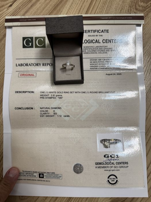 Zloty pierscionek z naturalnym diamentem 1,12ct E SI zareczynowy