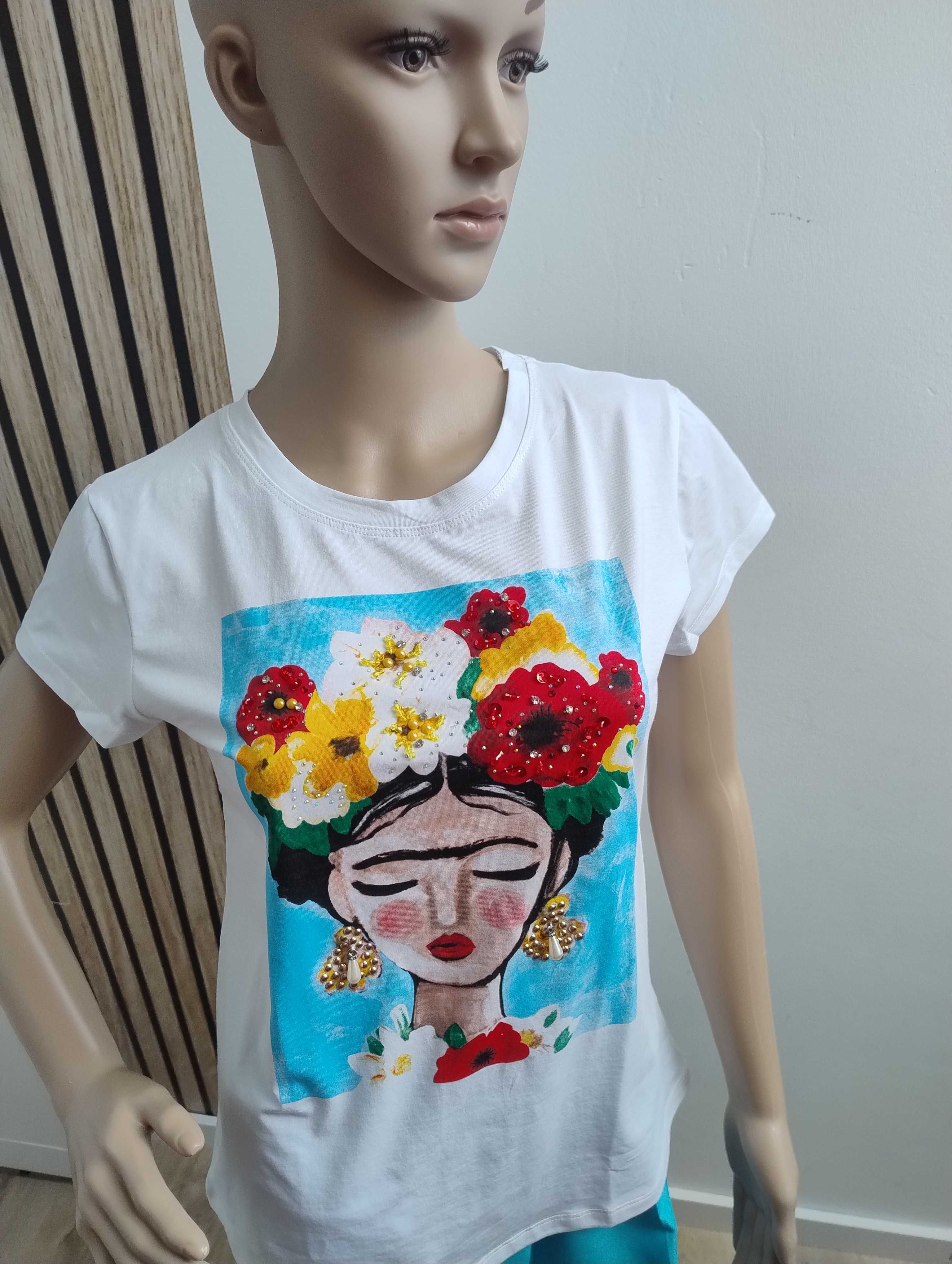 T-shirt kobieta z kwiatami Biały z niebieskim: S/M PS