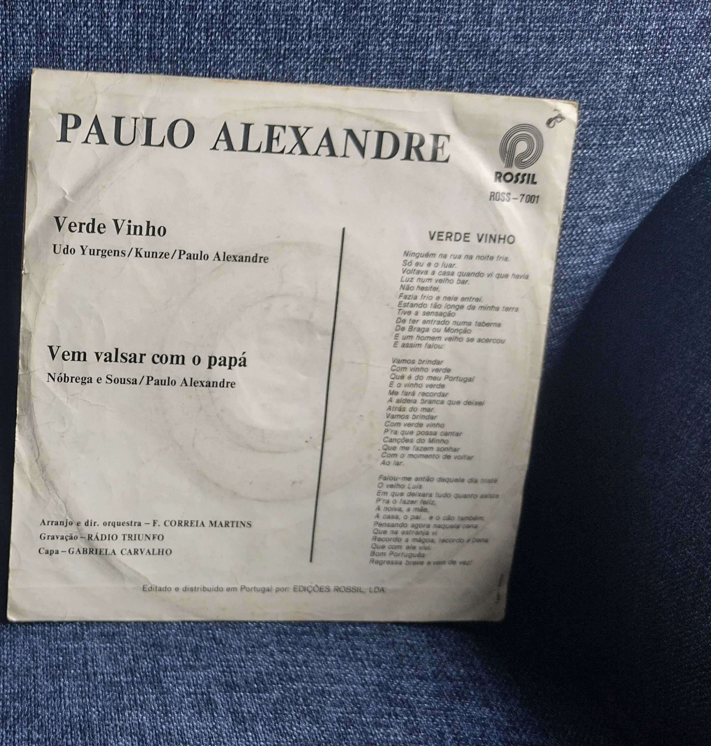 Disco vinil single Verde Vinho de Paulo Alexandre, música portuguesa