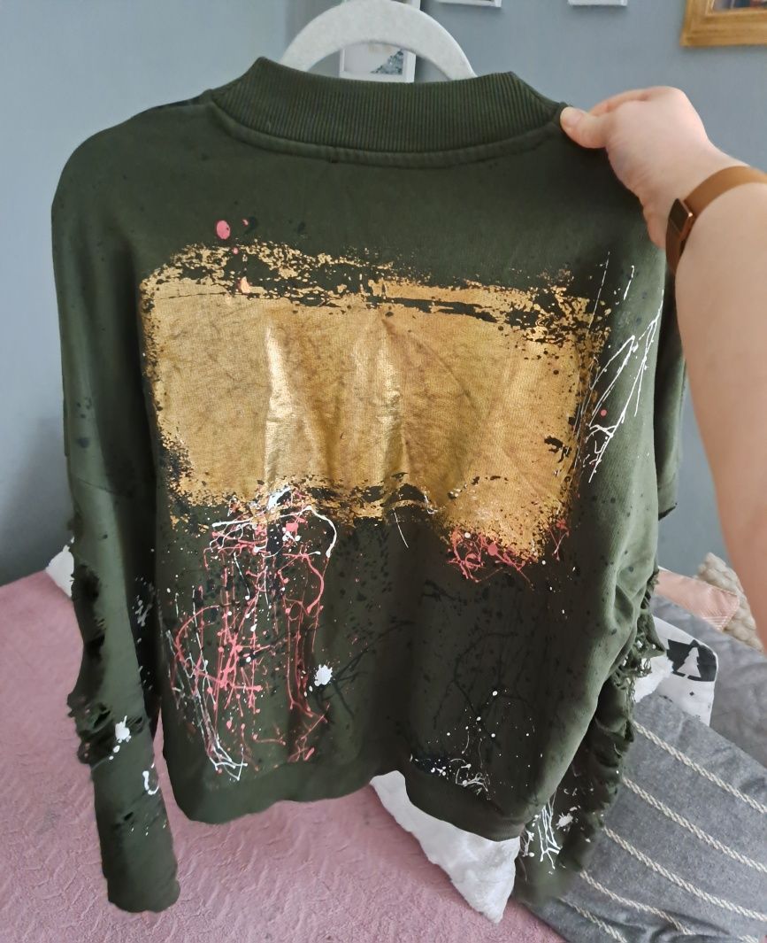 Bluza khaki grafitti dziury Zara S-XL