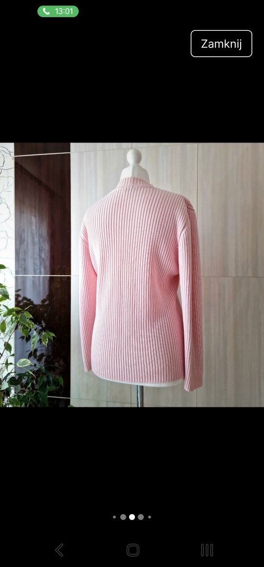 Śliczny elegancki pudrowy róż różowy sweterek 50% Merino wool 42 XL 14