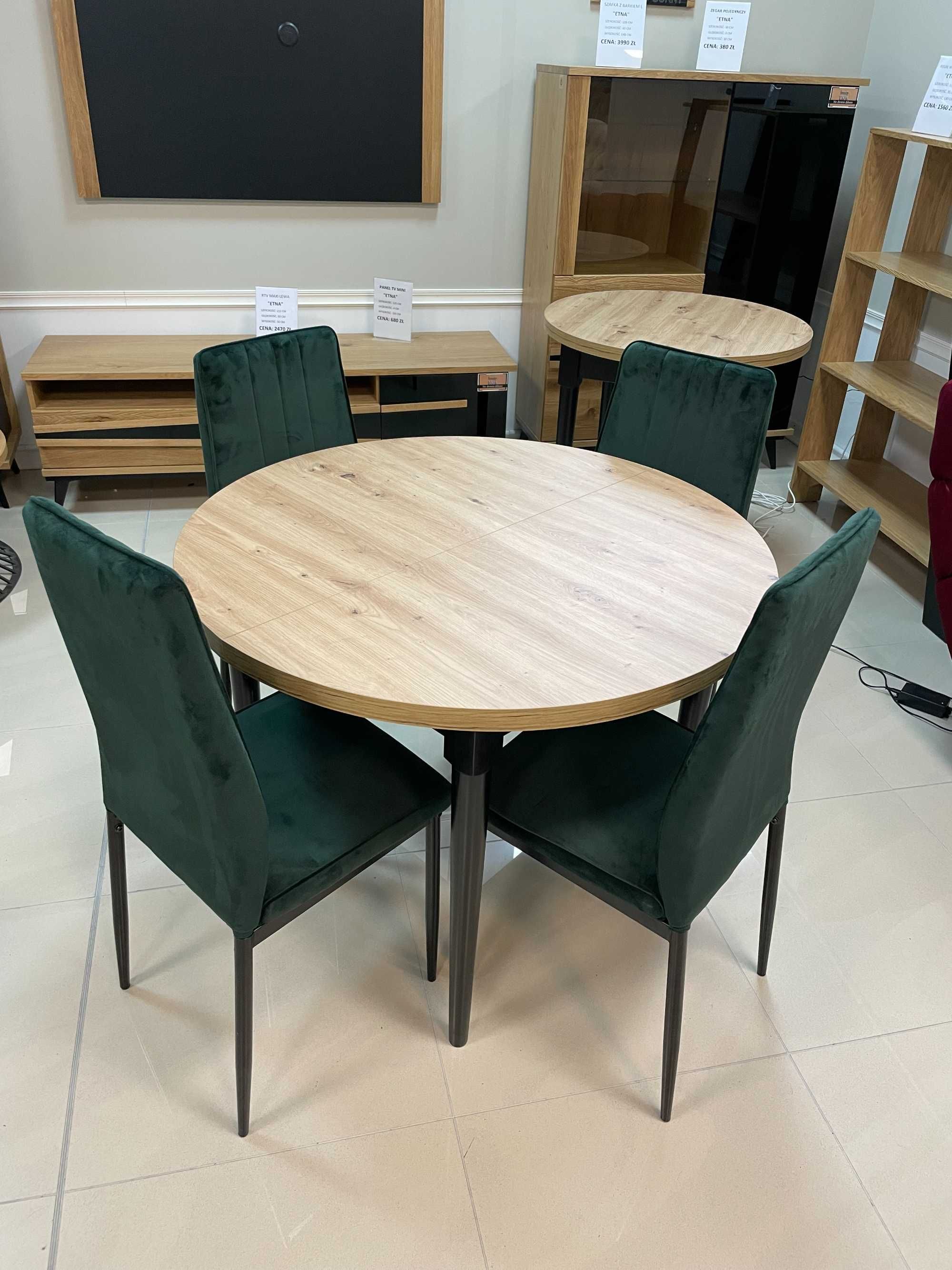 (921) Stół okrągły rozkładany + 4 krzesła, nowe 850 zł