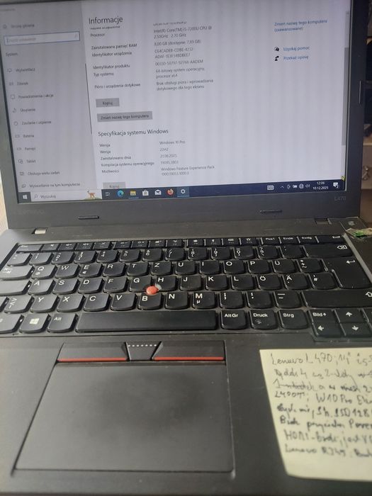 Lenovo tinkpad L470 14"  cpu i5-7220U 4x2,5Ghz  SPRAWNY bateria trzyma