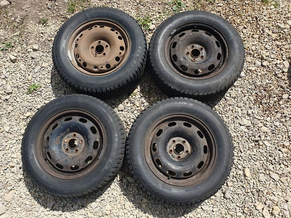 4x KOŁA FELGI STALOWE 15&quot; ET38 6Jx15 5X100 + OPONY ZIMOWE 195/65 R15 COLLIN&#039;S WINTER EXTREMA VOLKSWAGEN GOLF IV BORA POLO AUDI A3 SEAT LEON TOLEDO IBIZA SKODA FABIA OCTAVIA RAPID PRAKTIK KOMPLET 4 SZTUKI
