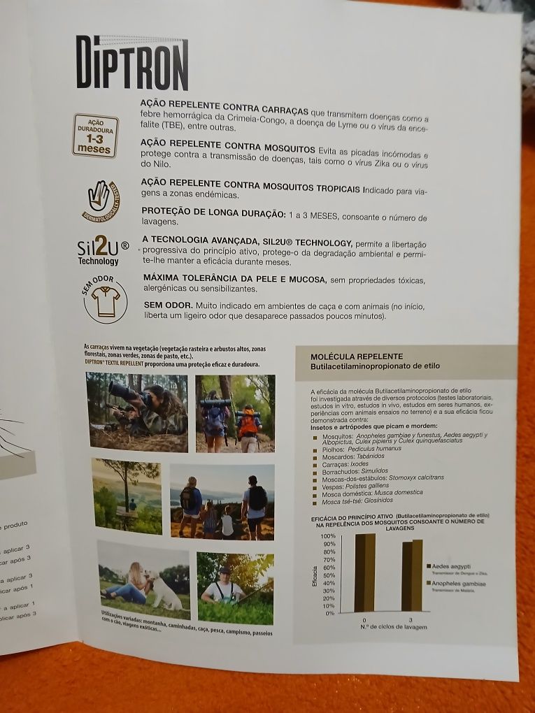 Repelente de insetos Diptron para aplicações em roupas e têxteis.
Atua