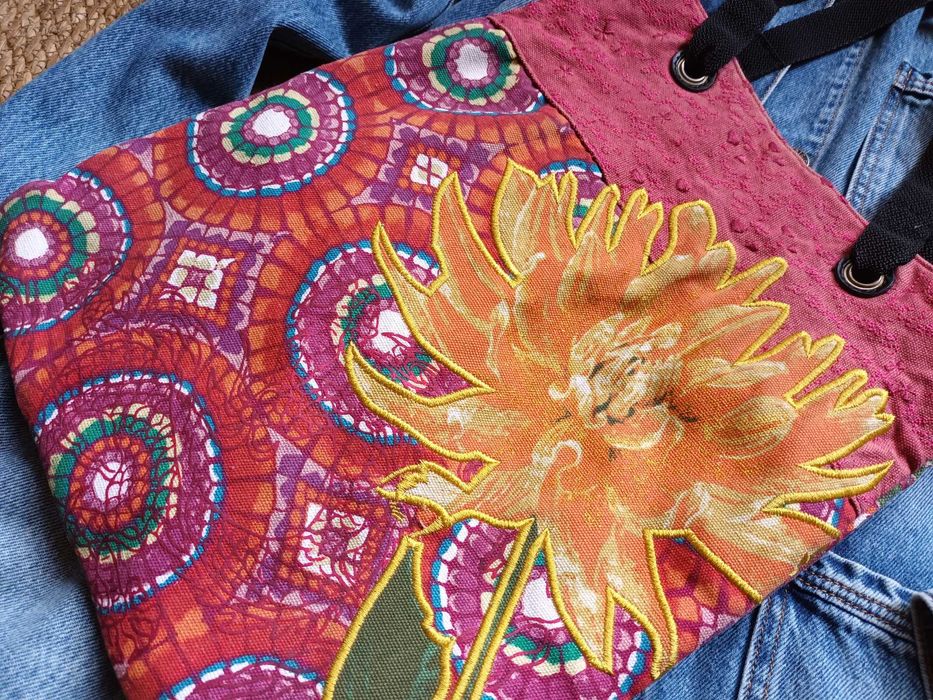 DESIGUAL kolorowa torebka shopper napisy cekiny haft Hippie Boho