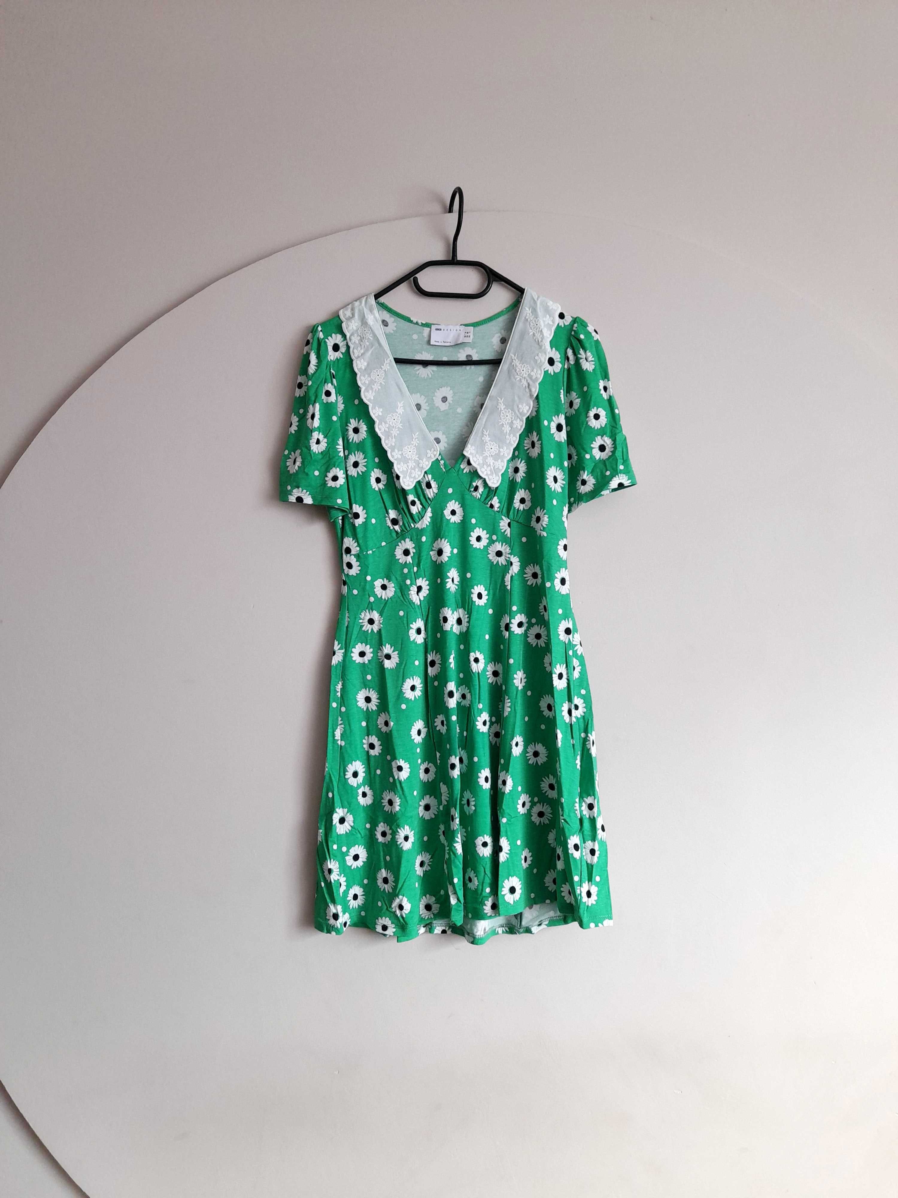Zielona,krótka sukienka w kwiaty, haftowany kołnierzyk,styl retro,Asos