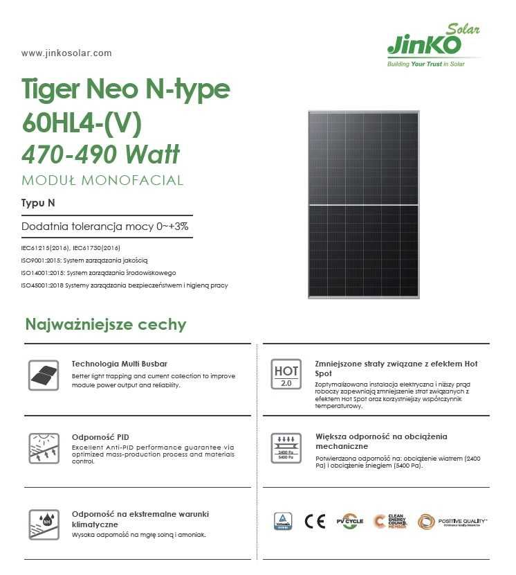 Panel fotowoltaiczny Jinko 490W JKM490N 60HL4-V