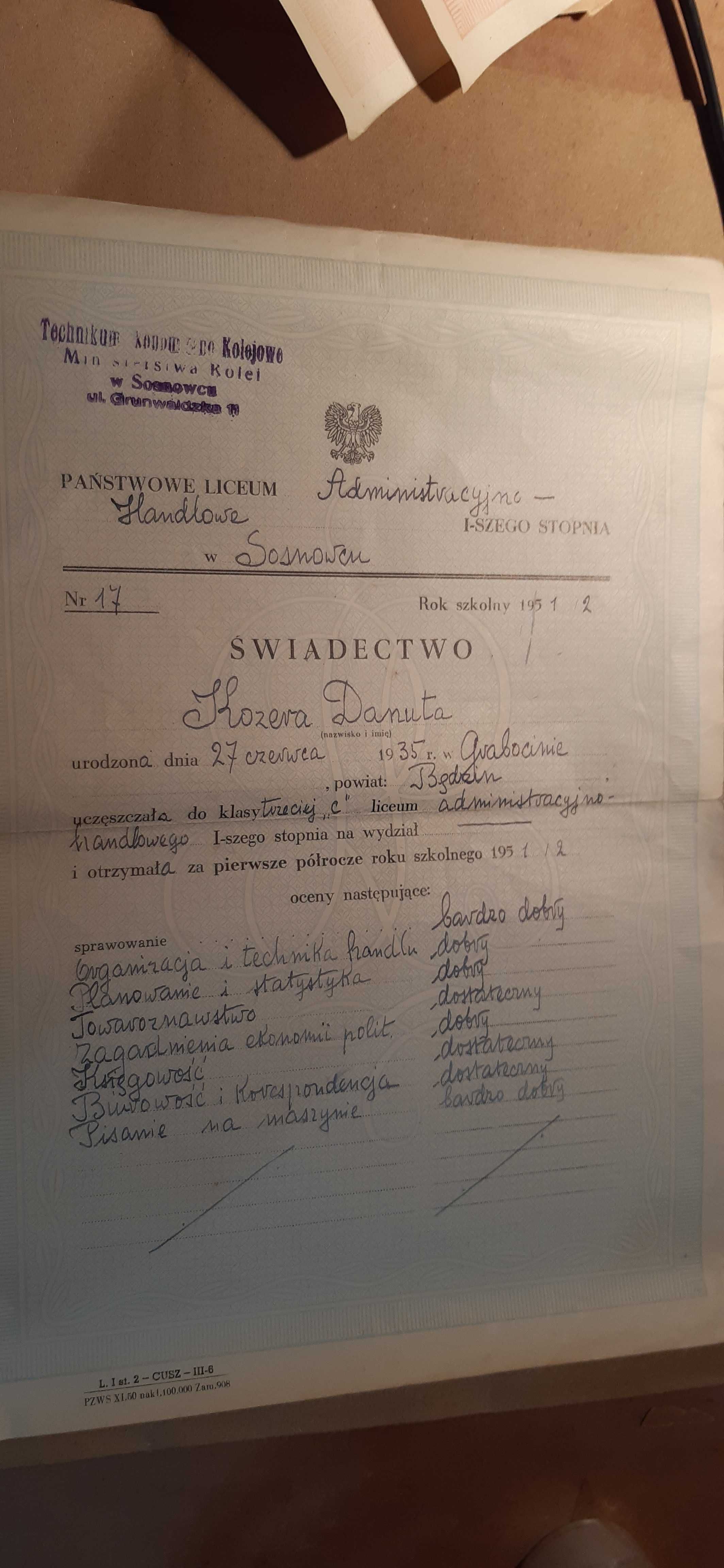 stary dokument świadectwo szkolne będzin 1951 rok