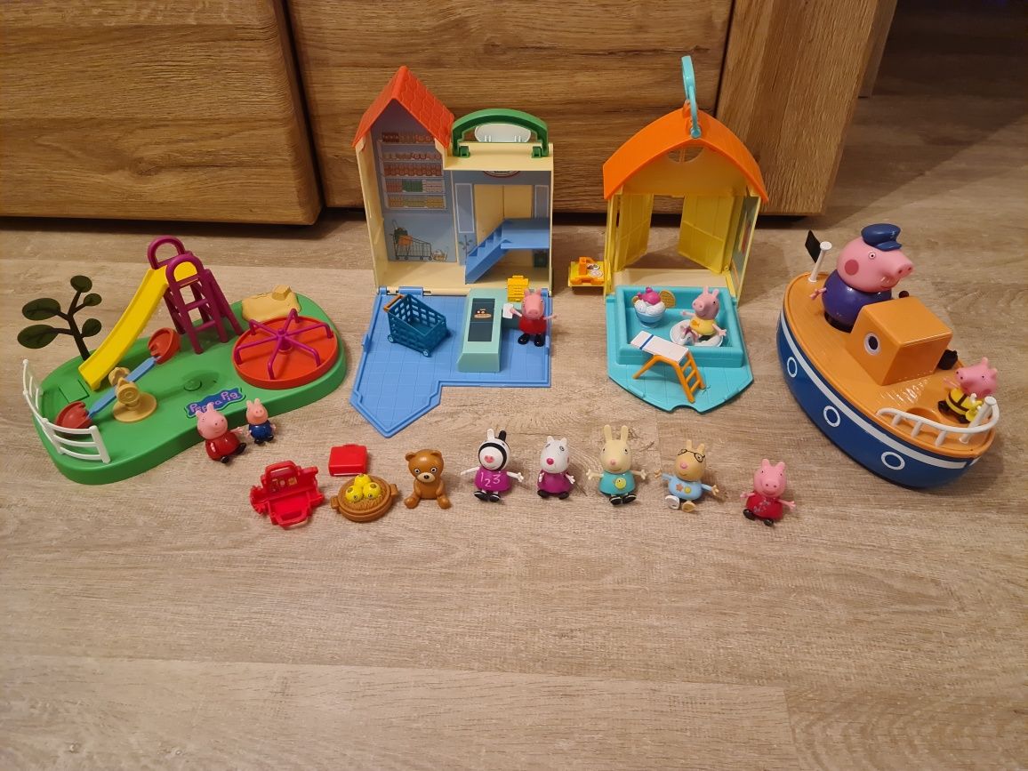 Duży zestaw Świnki peppy łódka, sklep, basen, plac zabaw, figurki