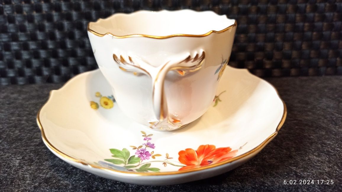 Porcelana Meissen DUO Mokka Miśnia Dekor kwiatowy Piękna