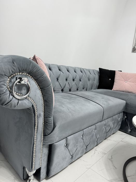 Narożnik glamour srebrzysta szarość chesterfield unikat