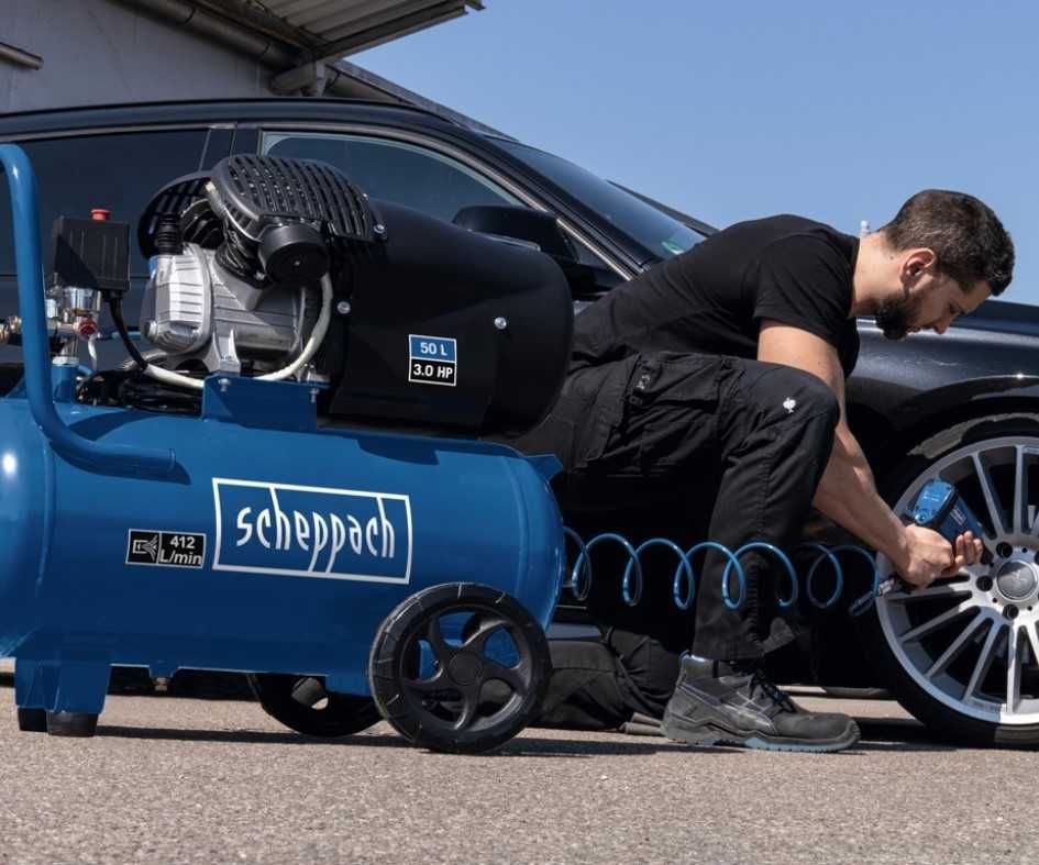 Mocny KOMPRESOR 8 BAR Sprężarka Olejowy Dwutłokowy 50L Scheppach