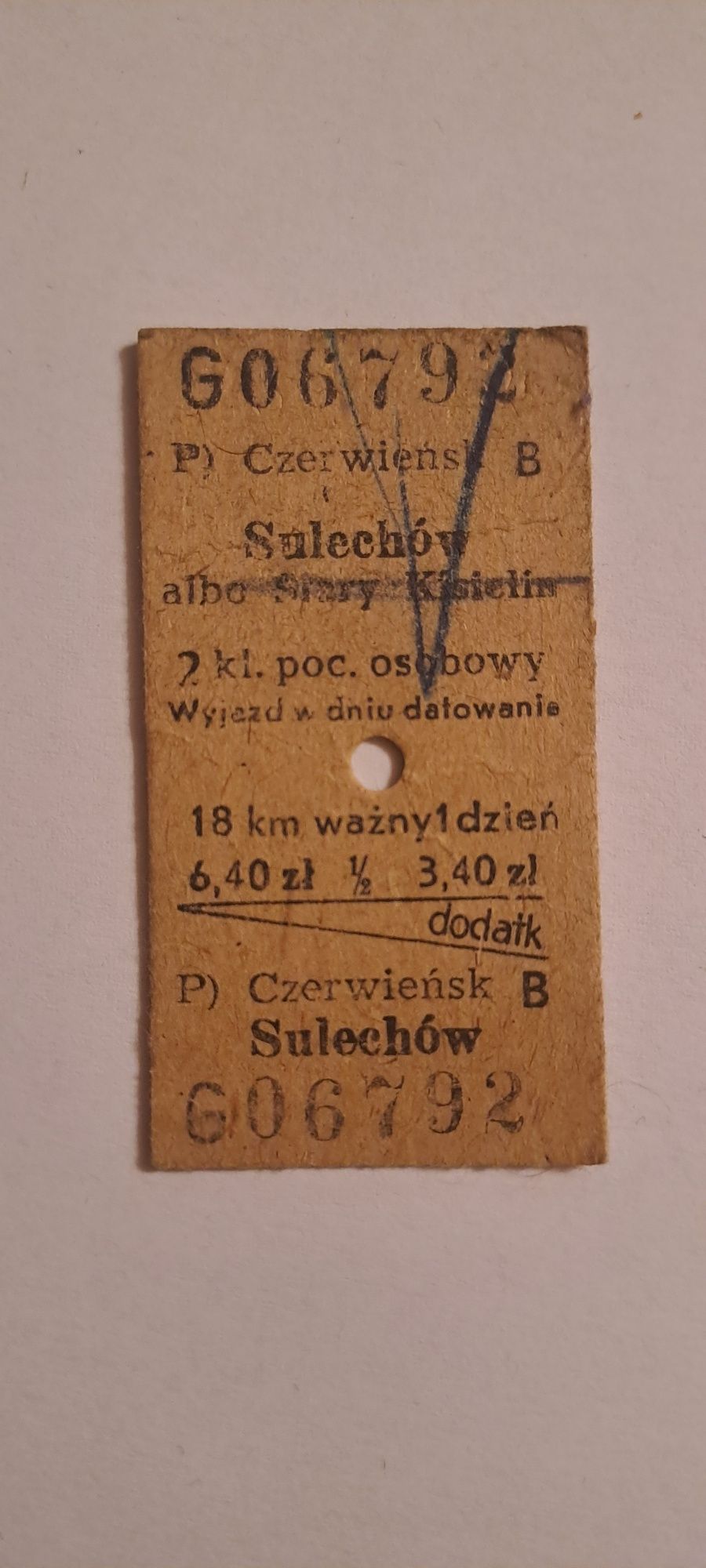Bilet kolejowy kartonikowy PKP Czerwieńsk - Sulechów / Stary Kisielin