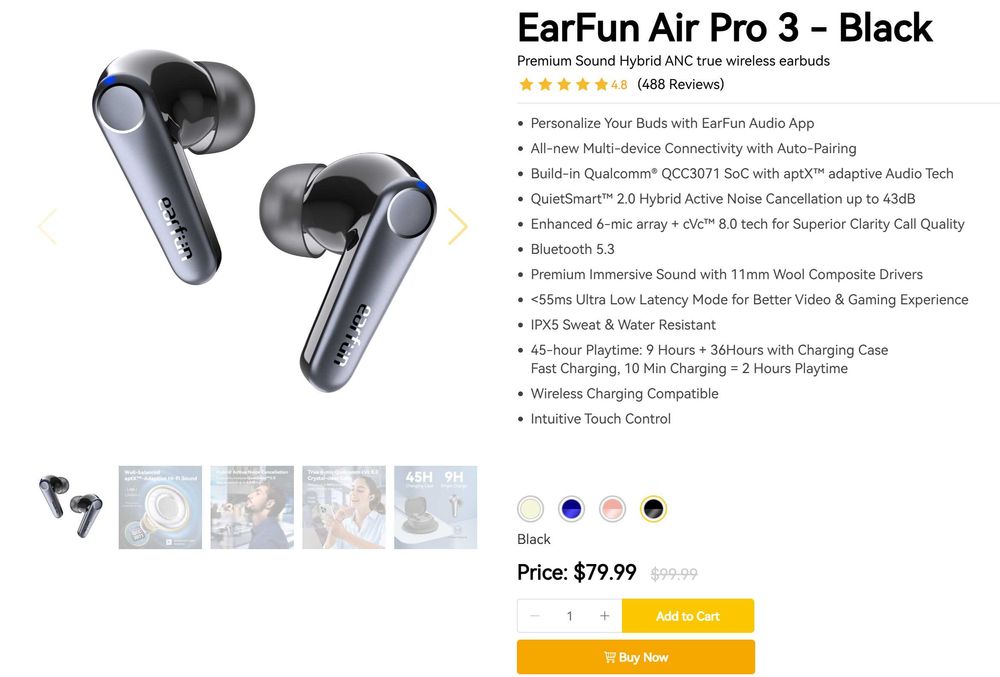 Auriculares Earfun Air Pro 3 Preto