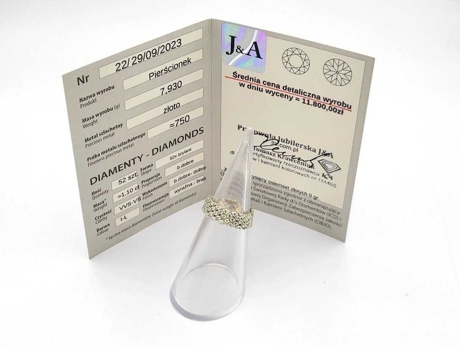 Złoty Łańcuszkowy Pierścionek 750 Z BRYLANTAMI 1,1CT r18 CERTYFIKAT