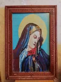 Старинная картина вышивка "Божья матерь".