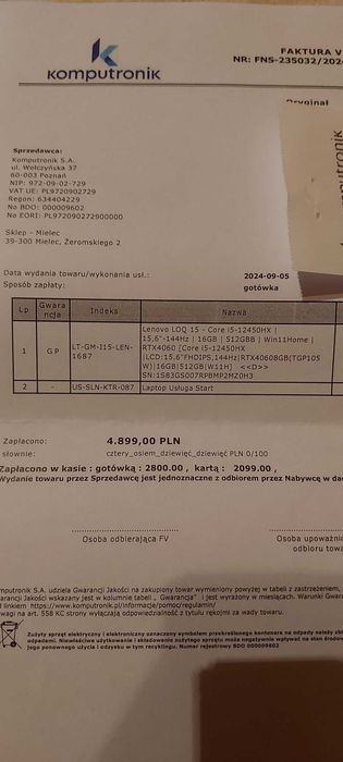 Mam do sprzedania laptop Lenovo LOQ  nie używany na gwarancji 1 rok