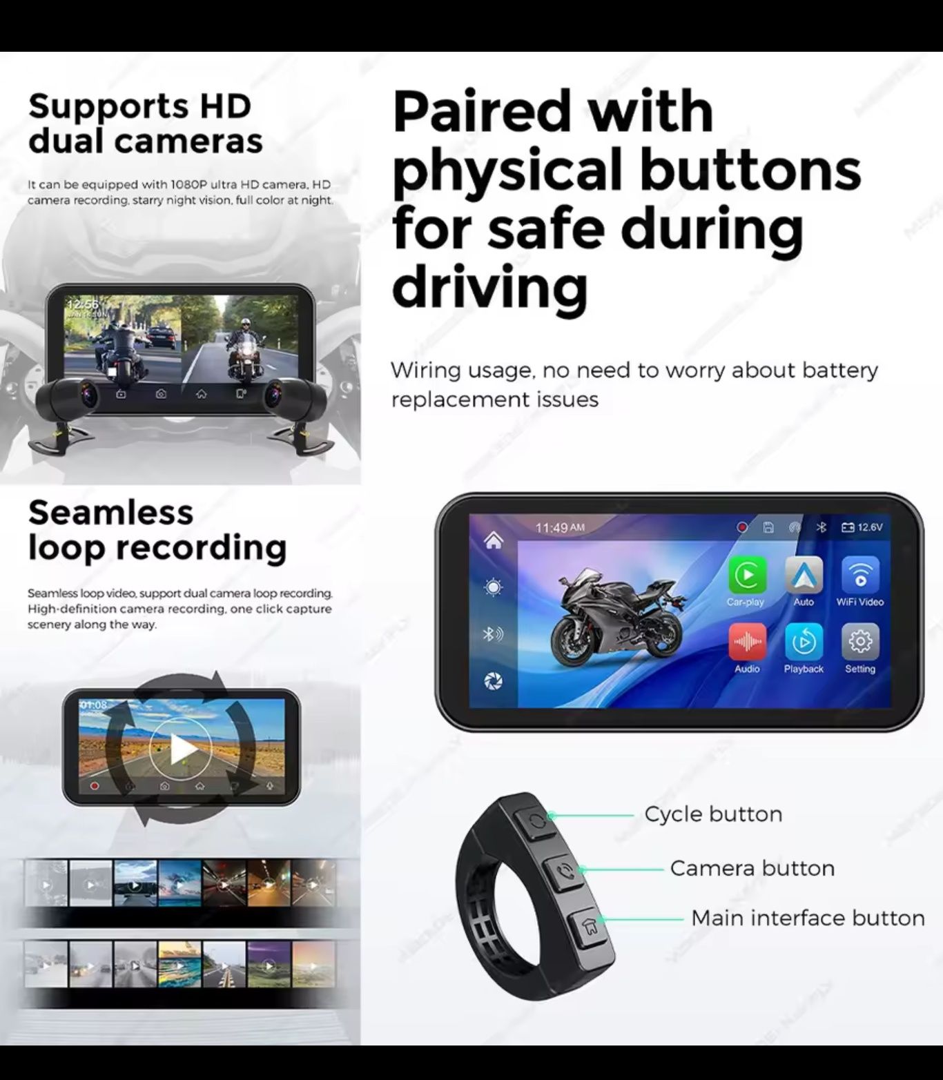 6.25 Rejestrator Motocyklowy FHD CarPlay Android Auto IP67 Dual Kamera