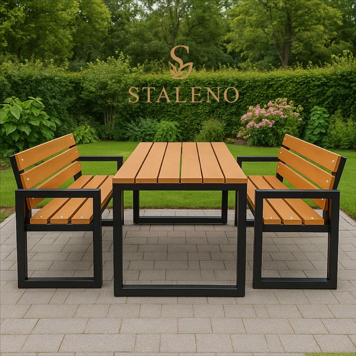 Zestaw loftowy PREMIUM • 2 ławki + stół • ręczna robota • steal + wood