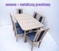 Nowe: Stół 80x140/180 + 6 krzeseł, sonoma + metaliczny granat, transPL