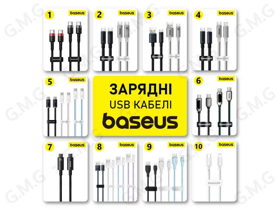 Кабелі BASEUS USB-C/USB-A/Lightning, 240W/100W/20W, 1м/1.2м/1.5м/2м/3м
