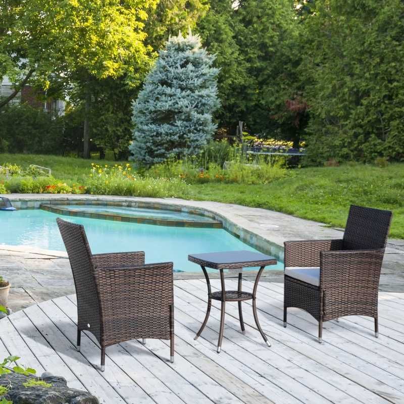 Conjunto de 1 Mesa e 2 Cadeiras Rattan para Jardim - Castanho