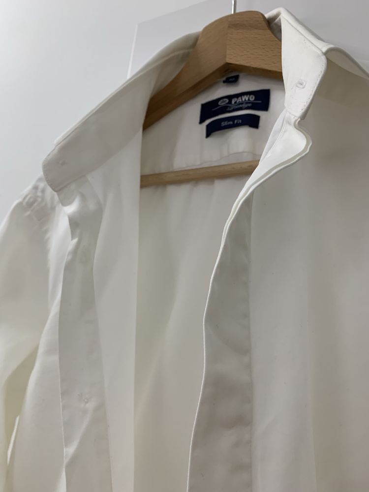 3 Koszule męskie ślubne na spinki PAWO 40 śmietankowa Viviana slim fit