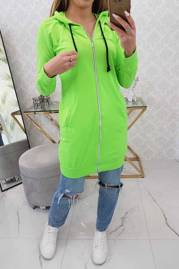 Bluza sukienkowa zielony neon z kapturem i zamkiem | Długa | UNI