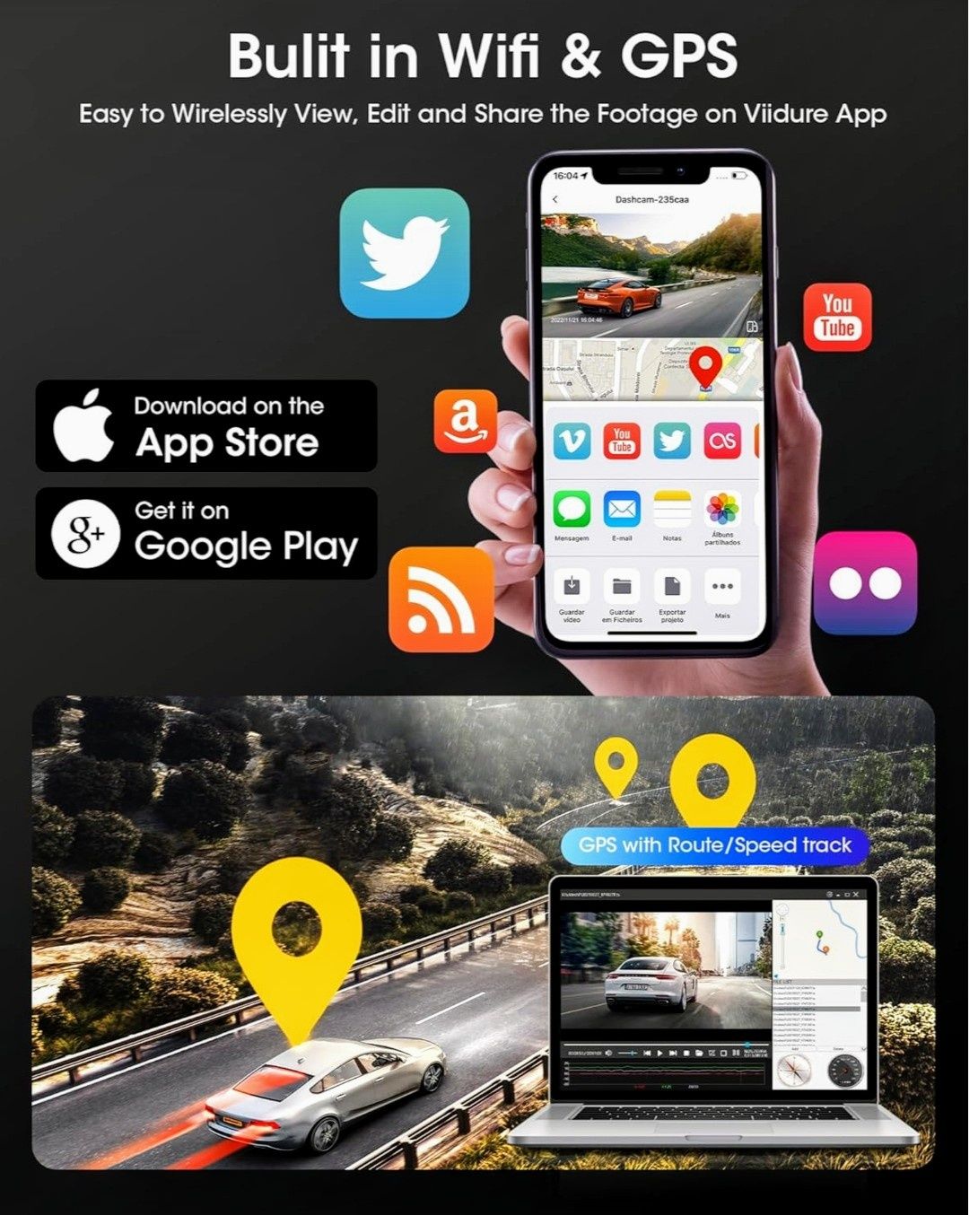 Kamera samochodowa,wideorejestrator przód-tył 4K,GPS,Wi-Fi,WDR Jansite