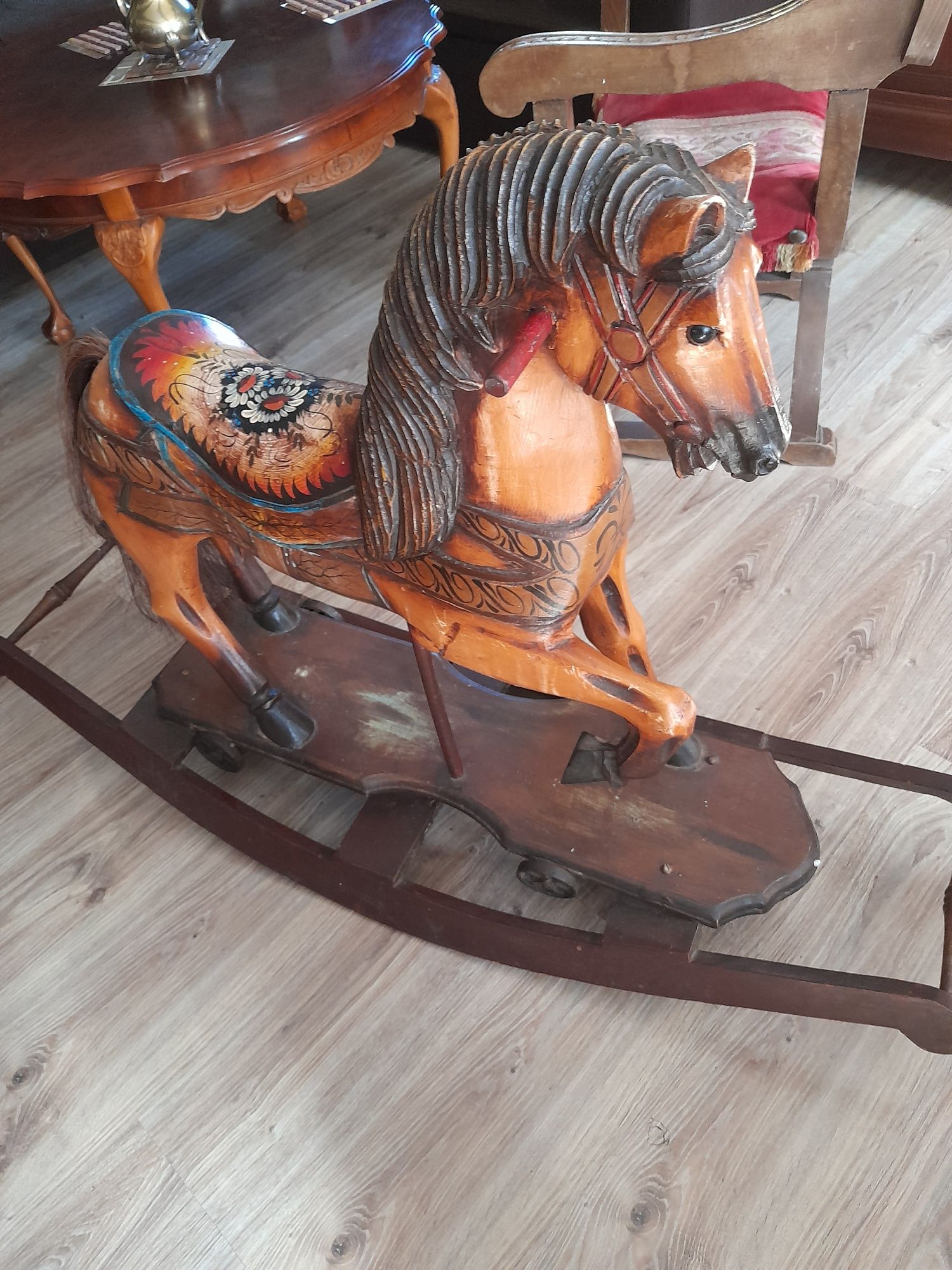 Koń poniemiecki drewniany  z litego drewna ręcznie  malowany 120lat